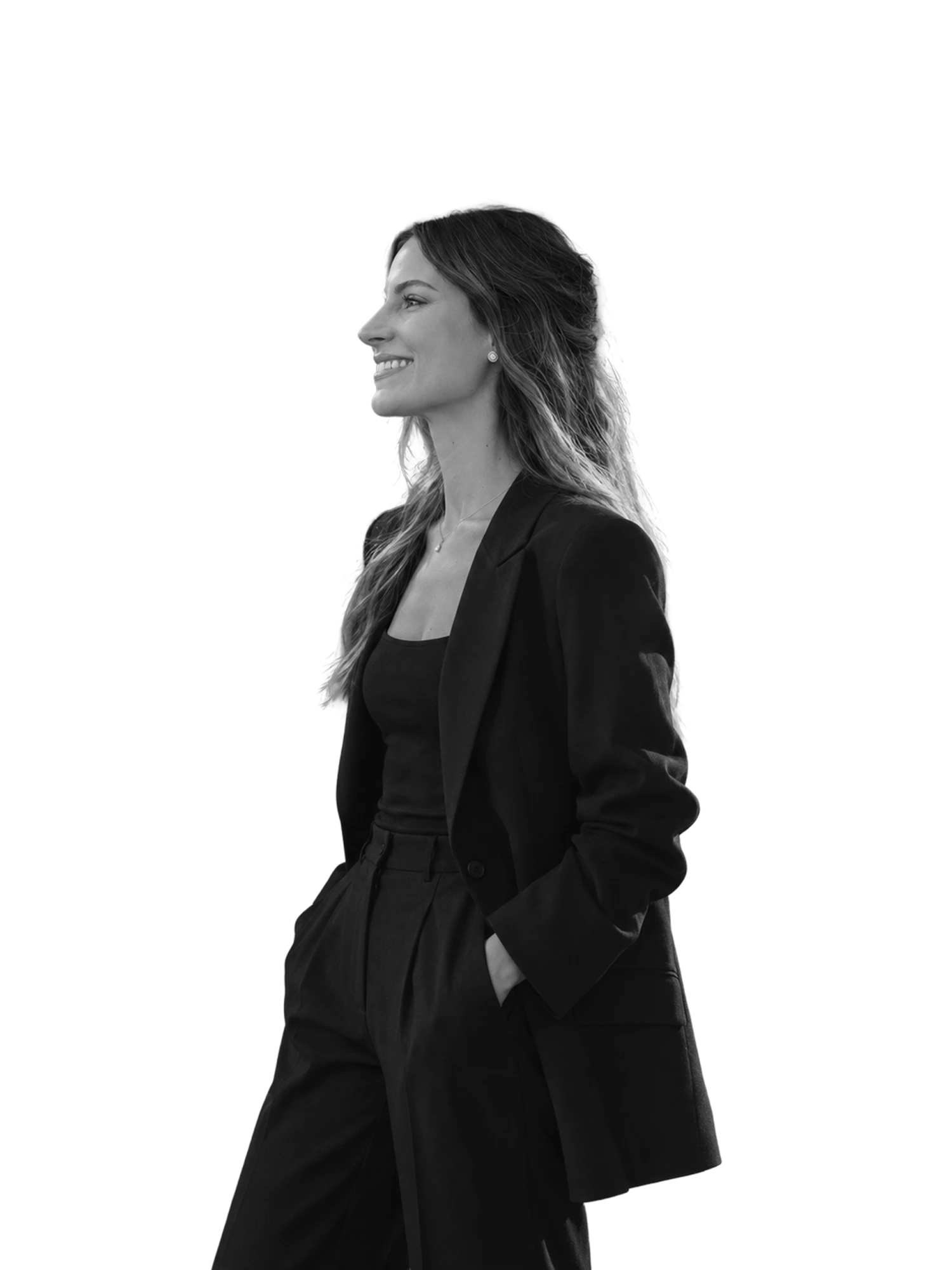 Black-and-white portrait of María Berrocal, smiling and looking to her left