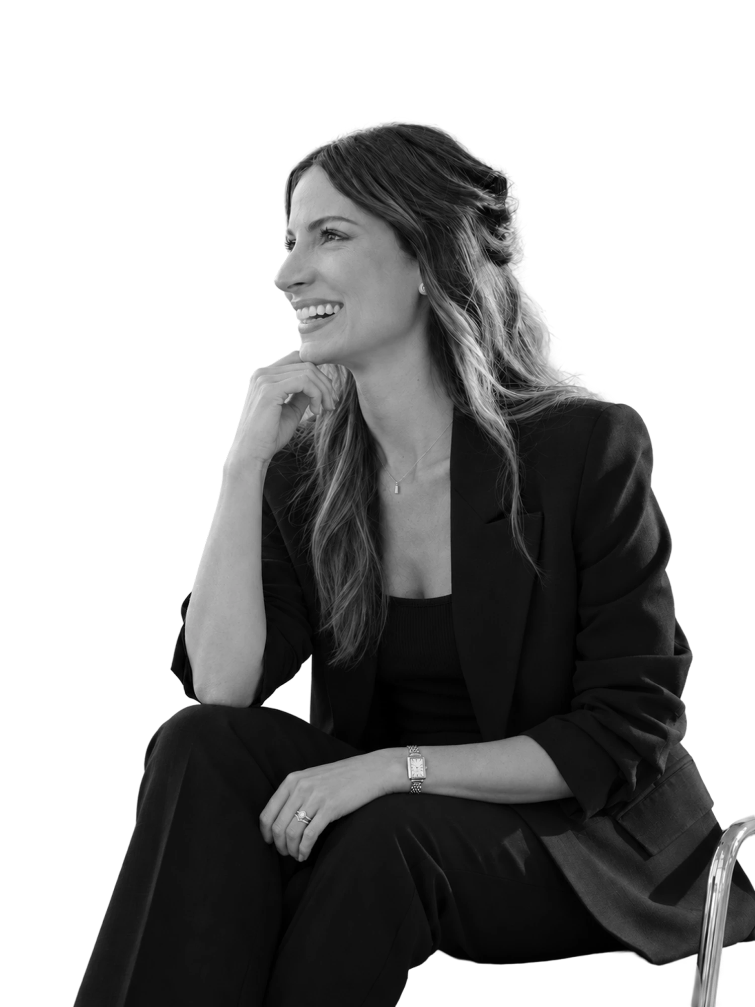 Black-and-white portrait of María Berrocal, smiling and looking to her left